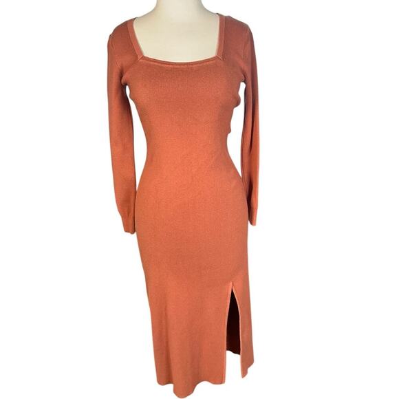 Rachel Zoe Midi Brown Sweater Dress Slit on the Leg Body Con Size Small Stretch - Picture 6 of 11